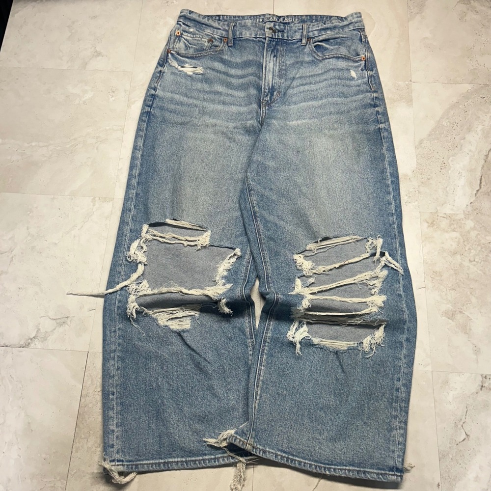 American Eagle Curvy Super High-Rise Baggy Straight Jeans Blue Women 14 X-Short